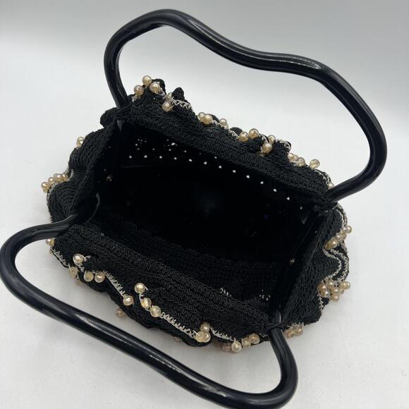 Vintage Hand Crocheted Beaded Purse 9" Lucite Handle Black Silver Hard Bottom - Picture 6 of 8